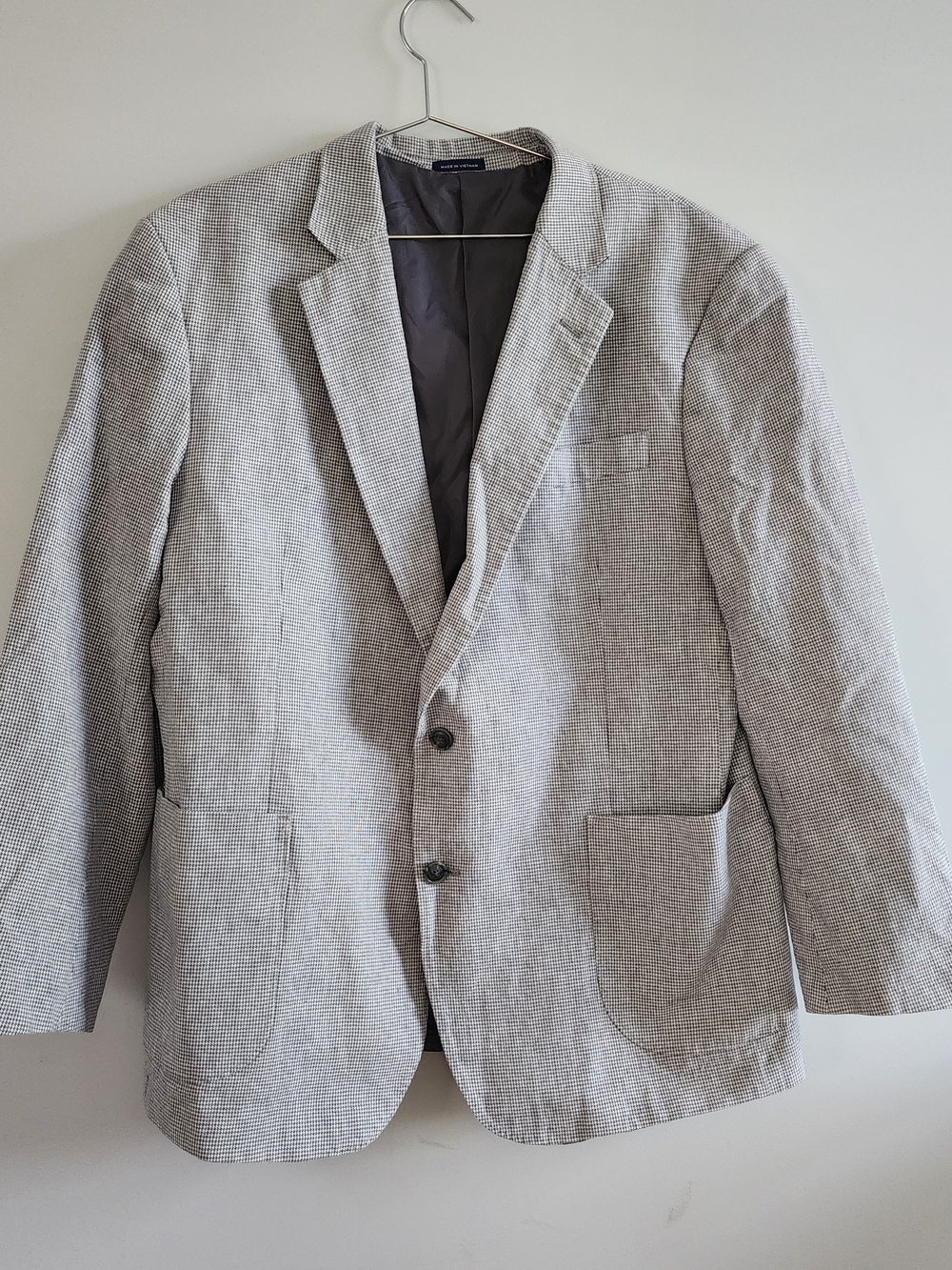 Stafford Linen Blend Men's 46R Blazer Sport Coat Gray Houndstooth Classic Fit